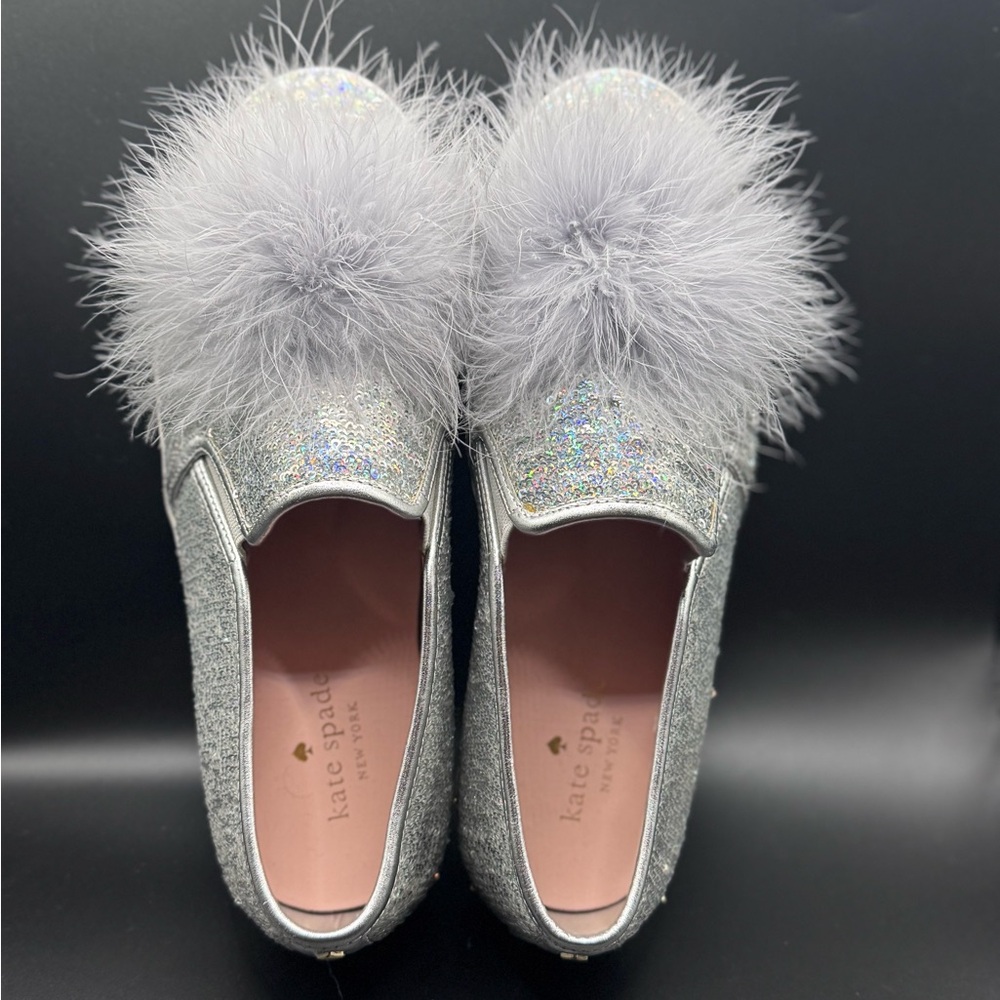 Kate Spade New York Glitter Slip-On Sneakers with Pom Poms –Silver Sparkle SZ8 - Picture 2 of 6